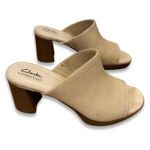 Clarks Ambryln Park Leather Mule Sandals Beige Block Heel Comfort Slides